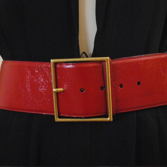 Vintage Yves Saint Laurent wide red leather belt with gold square buckle. Patent - Picture 1 of 5